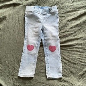 GAP Size 3T Light Blue Denim Jeggings Pink Glittery Heart shaped Patches